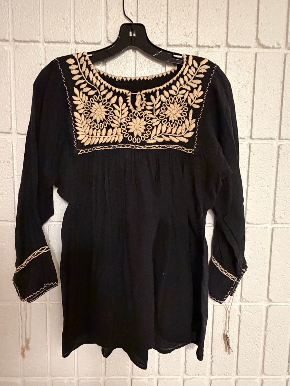 Hand Crafted Black Peasant Blouse with Cream Embroidery